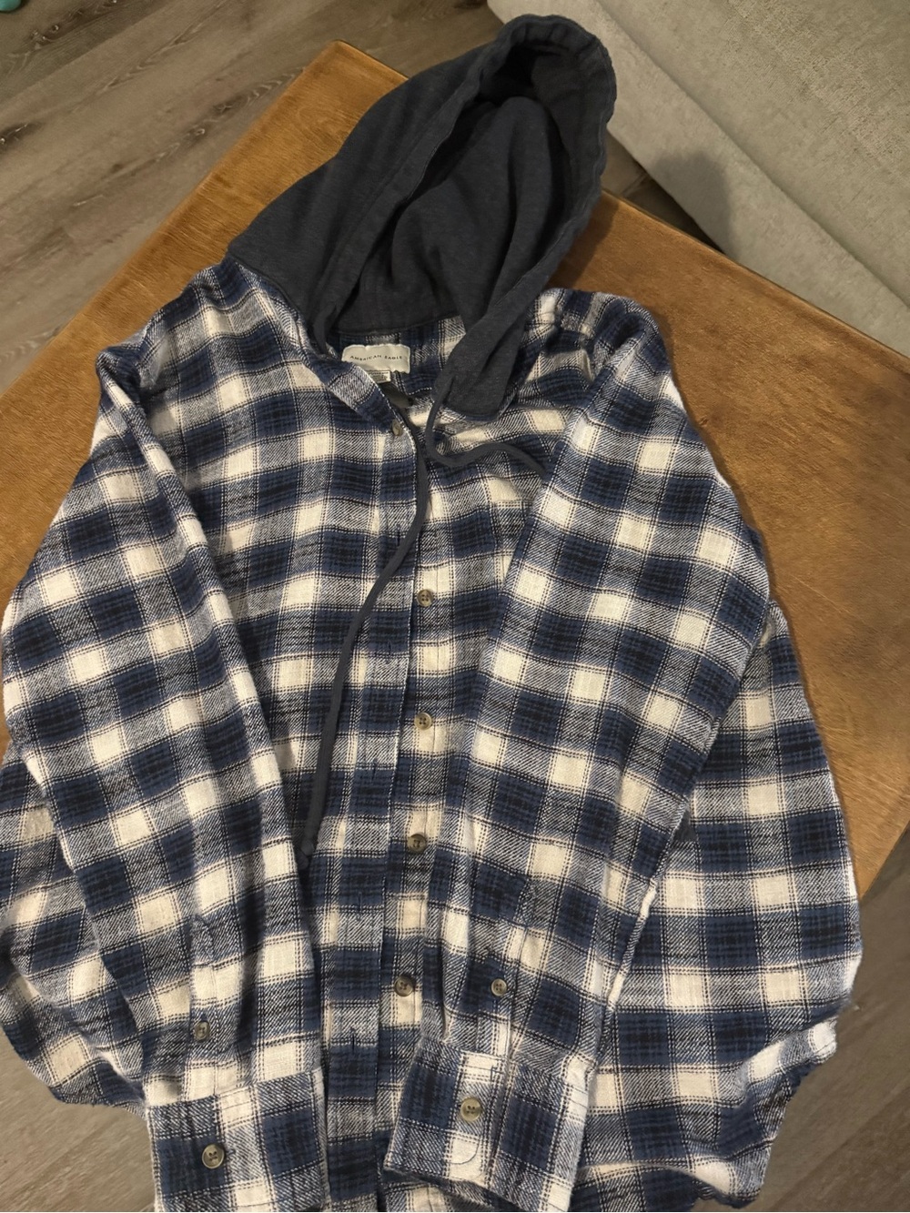 American Eagle Outfitters Navy and White Plaid Hooded Shirt-Jacket